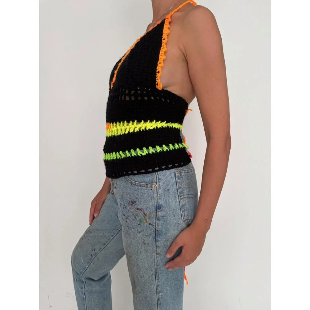 Vintage black colorful hand knit crochet festival backless halter tank crop top - Picture 3 of 10